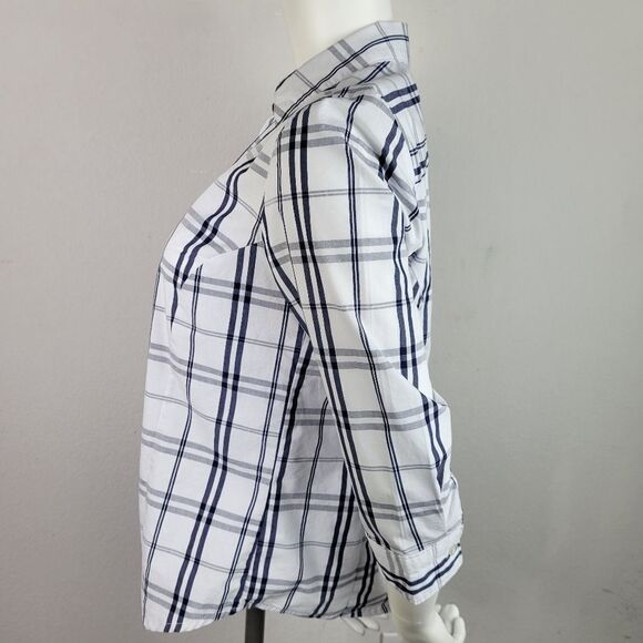 Basic Editions White Plaid Hidden Button Panel Collared Blouse Size M - Picture 8 of 10